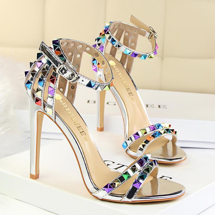 Women Ankle Strap Rainbow Studded Heel Sandals