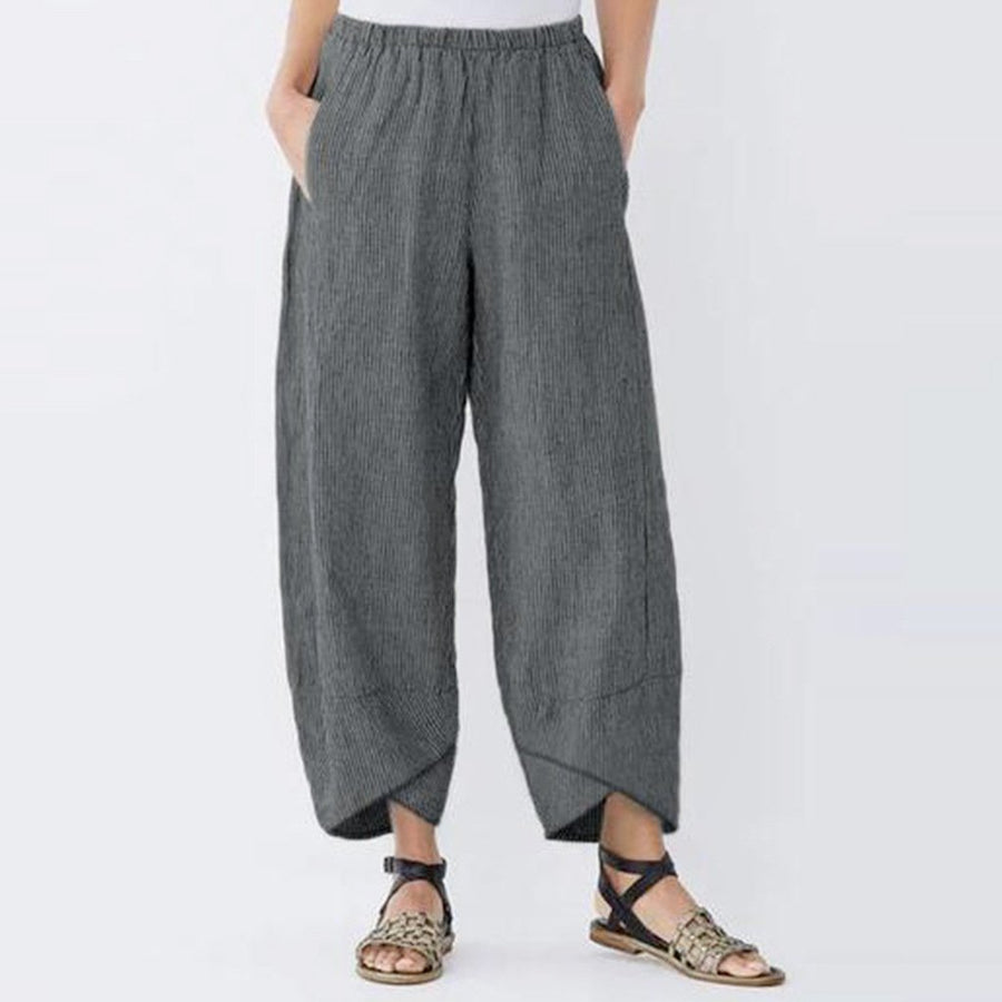 Women Casual Pocket Shift Linen Striped Pants