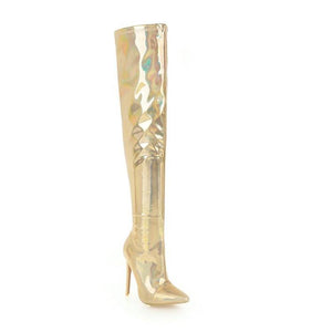 Women sexy mirror silver & gold stiletto pointed toe over the knee boots