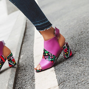 Women geometric printed peep toe ankle strap slingback chunky heel sandal