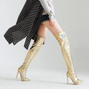 Women sexy mirror silver & gold stiletto pointed toe over the knee boots