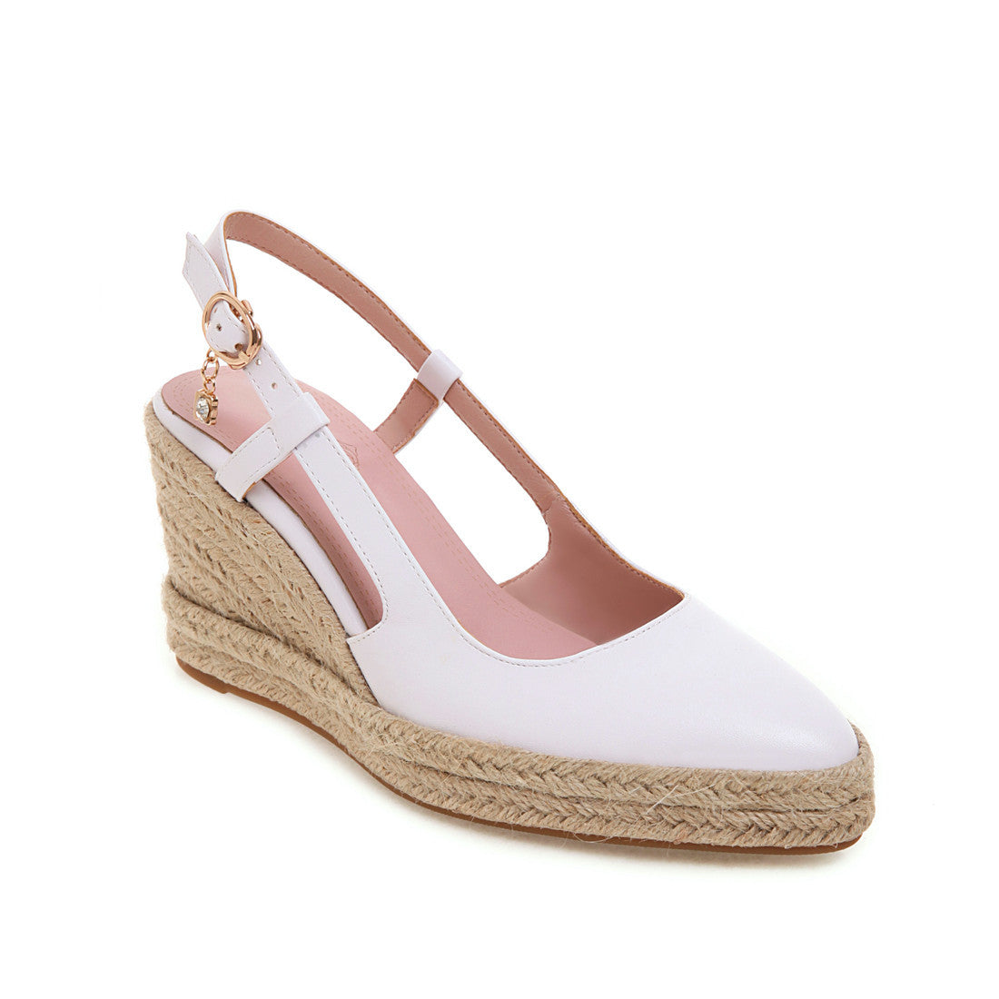 Women espadrille woven wedge heel buckle strap pointed closed toe sandals