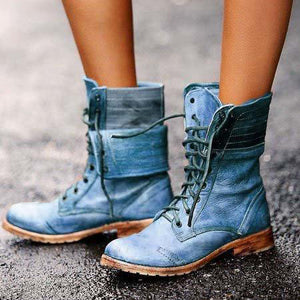 Retro lace up combat boots women's motorcycle boots cow heel combat boots