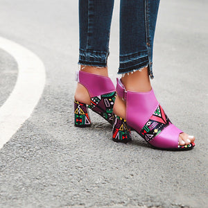Women geometric printed peep toe ankle strap slingback chunky heel sandal