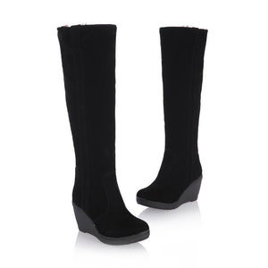 Women knee high thick faux fur wedge snow boots