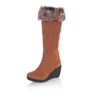 Women knee high thick faux fur wedge snow boots