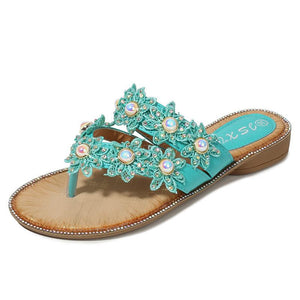 Women's boho lace floral flip flops beach slip on sandals