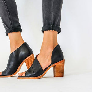 Women summer peep toe side cut chunky heels