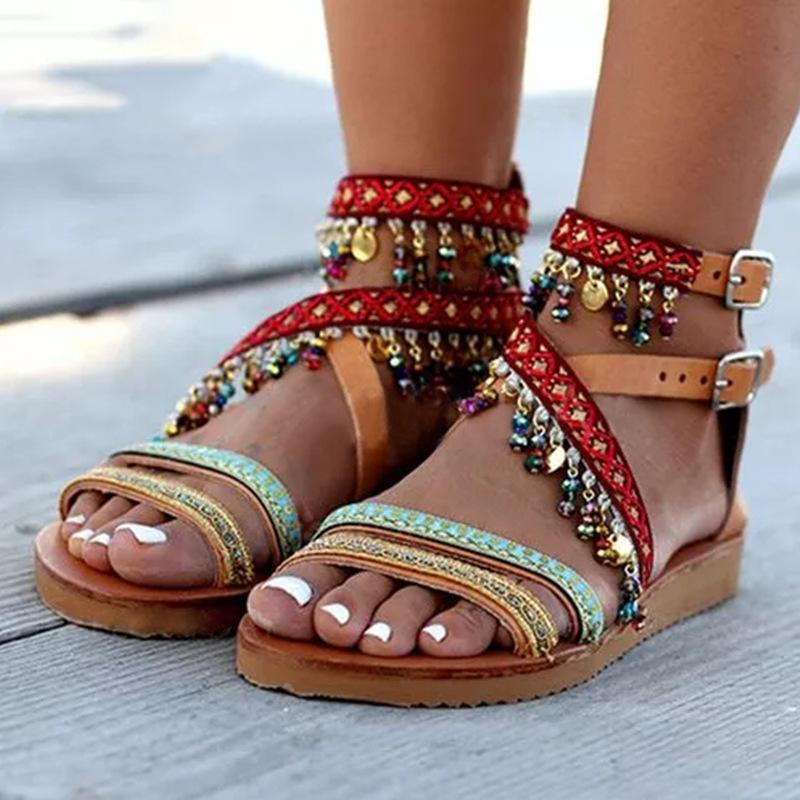 Women boho peep toe ankle strap flat summer beach sandals