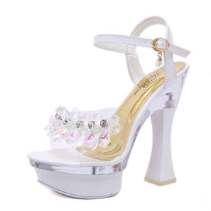 Women rhinestone clear peep toe high chunky buckle strap platform heels