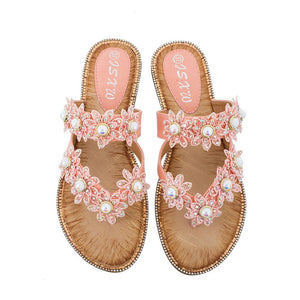 Women's boho lace floral flip flops beach slip on sandals