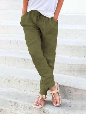 Solid Stretchy Women's Drawstring Linen Pants