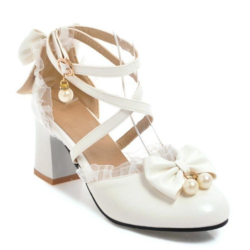 Women bowknot round toe criss cross strap chunky heels