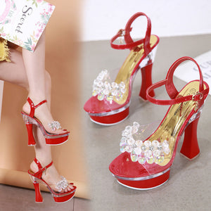 Women rhinestone clear peep toe high chunky buckle strap platform heels