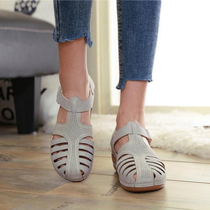 Women summer magic tape 
hollow out closed toe wedge sandals