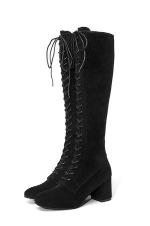 Women lace up square block heel knee high boots