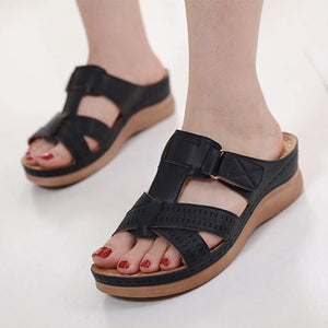 Women summer peep toe platform wedge slides arch support velcro slides