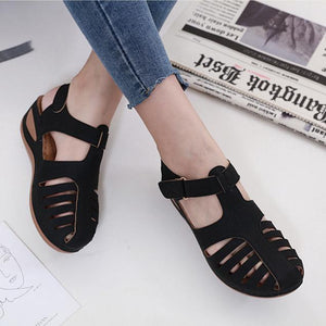 Women summer magic tape 
hollow out closed toe wedge sandals