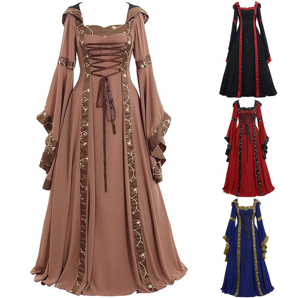 Female's Retro Medieval Renaissance Square Neck Trumpet Sleeves Large Swing Long Flare Dress