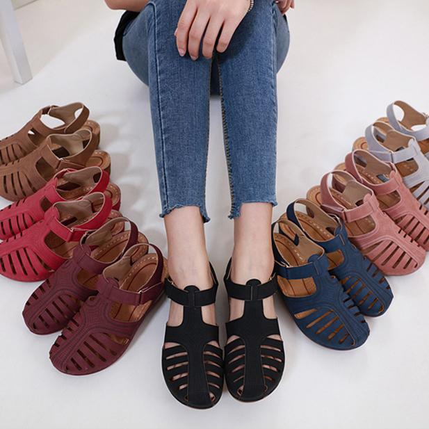 Women summer magic tape 
hollow out closed toe wedge sandals