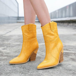 Women fashion pointed toe short chunky high heel boots