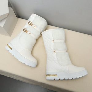 Women chunky platform buckle strap mid calf snow boots