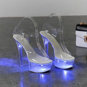 Women shined sparkly platform peep toe ankle strap stiletto clear heels