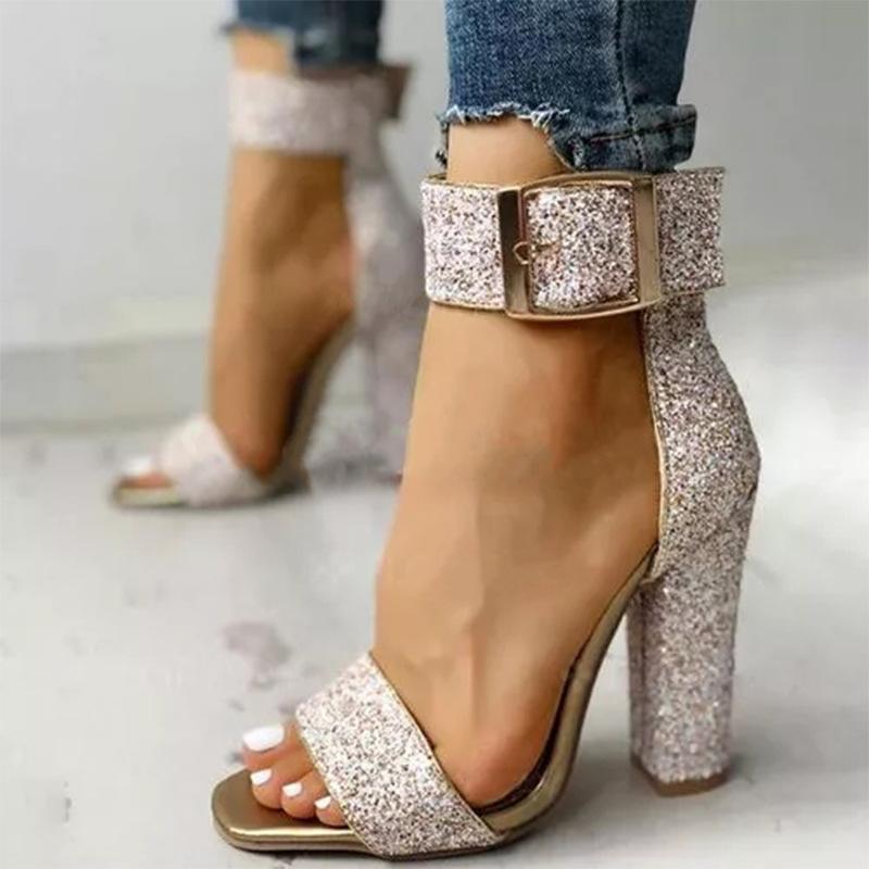 Women sparkly rhinestone peep toe ankle buckle strap chunky high heels