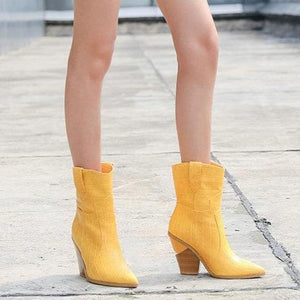 Women fashion pointed toe short chunky high heel boots