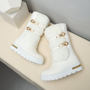 Women chunky platform buckle strap mid calf snow boots