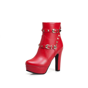 Women studded buckle strap short platform chunky high heel boots