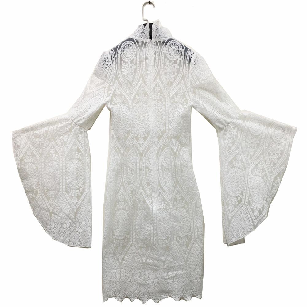 Women evening party turtleneck lace flower flare sleeve white dress - Getcomfyshoes Women evening party turtleneck lace flower flare sleeve white dress - Getcomfyshoes