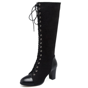 Women chunky high heel side zipper lace up knee high boots