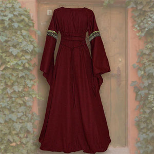 Female's Retro Medieval Renaissance Trumpet Sleeves Front Tie-up Long Dress | Holloween Cosplay Victorian Costumes Dress