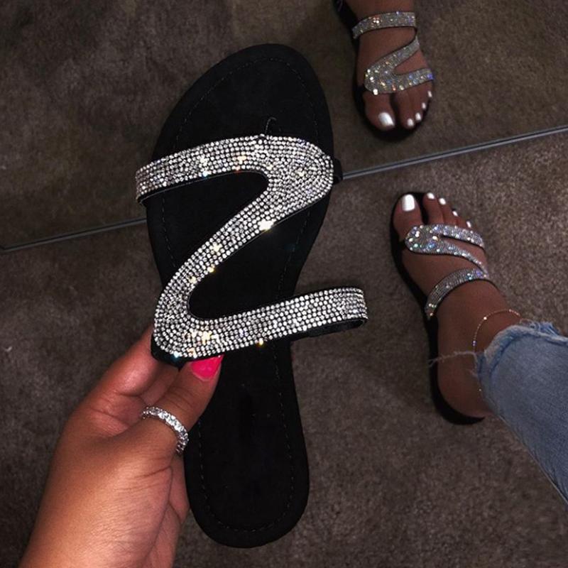 Sparkling Beads Glitter Flat Slide Sandals Women Shiny Slipper