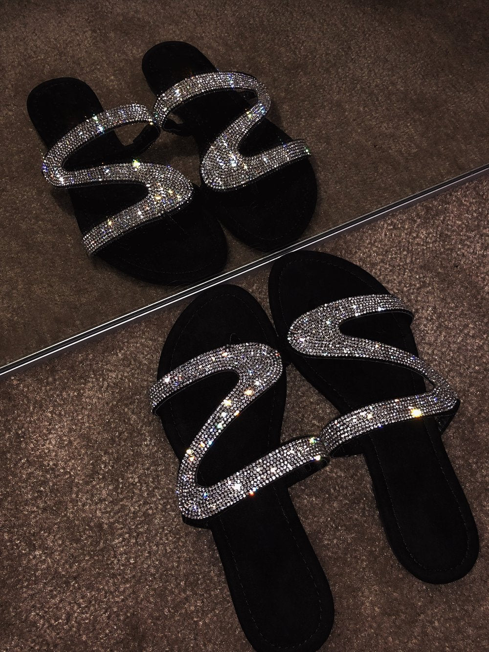 Sparkling Beads Glitter Flat Slide Sandals Women Shiny Slipper