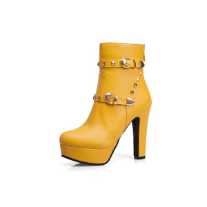 Women studded buckle strap short platform chunky high heel boots