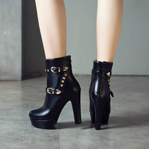 Women studded buckle strap short platform chunky high heel boots