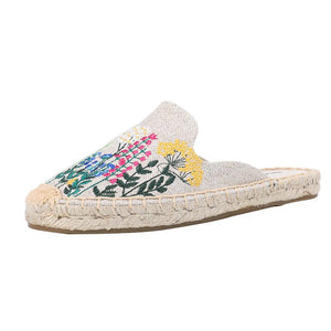 Women summer flat slide espadrille embroidered flower mules slide sandals