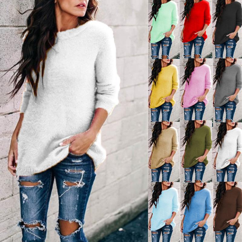 Women long sleeve knitted crew neck pullover sweater