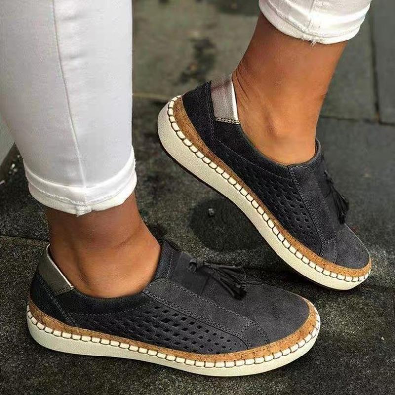 Fringe Tassels Hollow Out Round Toe Slide Sneaker Loafers - fashionshoeshouse