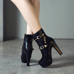 Women studded buckle strap short platform chunky high heel boots