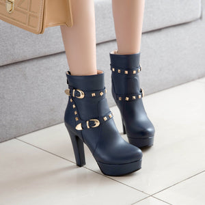 Women studded buckle strap short platform chunky high heel boots