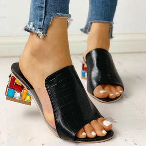 Women colorful peep toe summer chunky heel rhinestone slide sandals