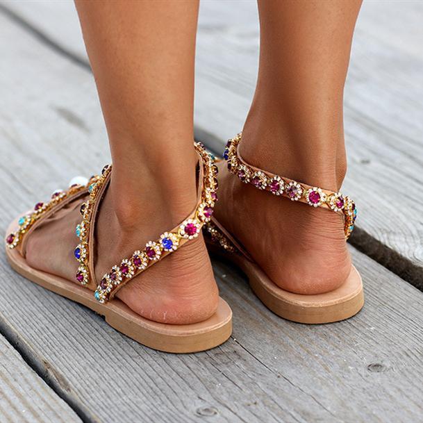 Women beaded strappy flat ring 
toe summer beach