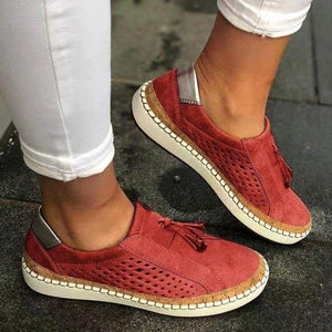 Fringe Tassels Hollow Out Round Toe Slide Sneaker Loafers - fashionshoeshouse