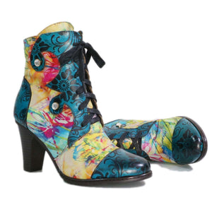 Women's high heeled leather patchwork ankle booties ethnic flower print ankle boots