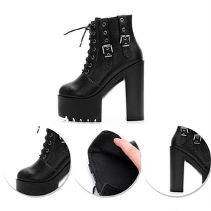 Women high block heel lace up lace up platform boots