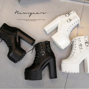 Women high block heel lace up lace up platform boots