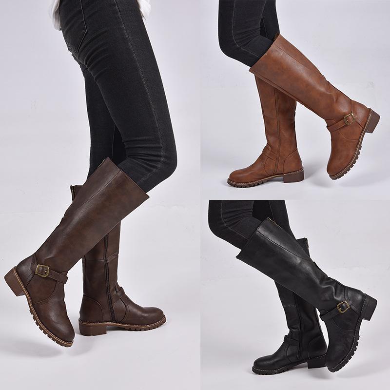 Women buckle strap chunky heel side zipper knee high boots